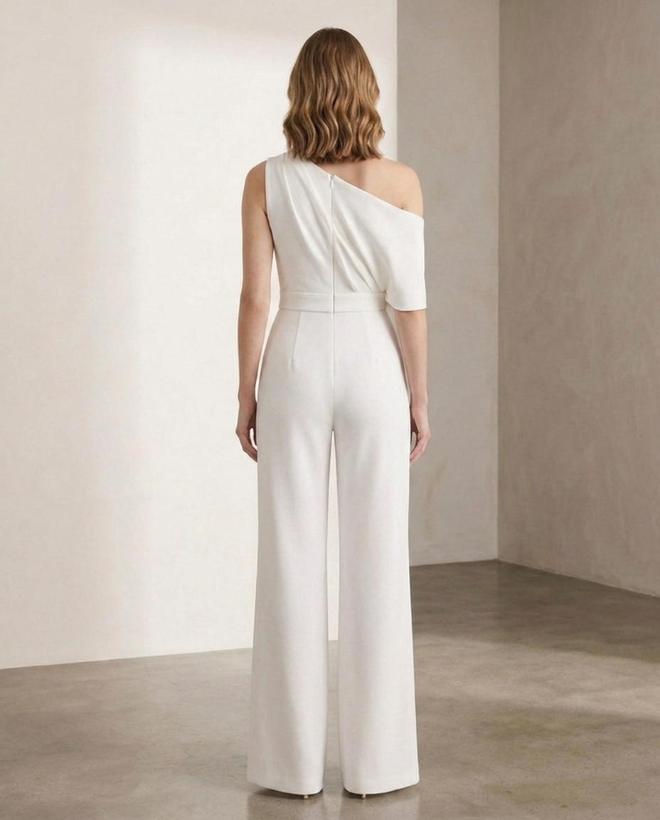Balvaire One-Shoulder Wide-Leg Crêpe Jumpsuit - White back