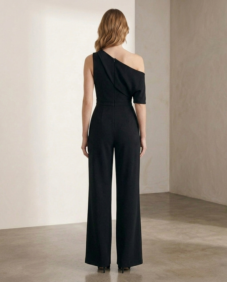 Balvaire One-Shoulder Wide-Leg Crêpe Jumpsuit - Black back