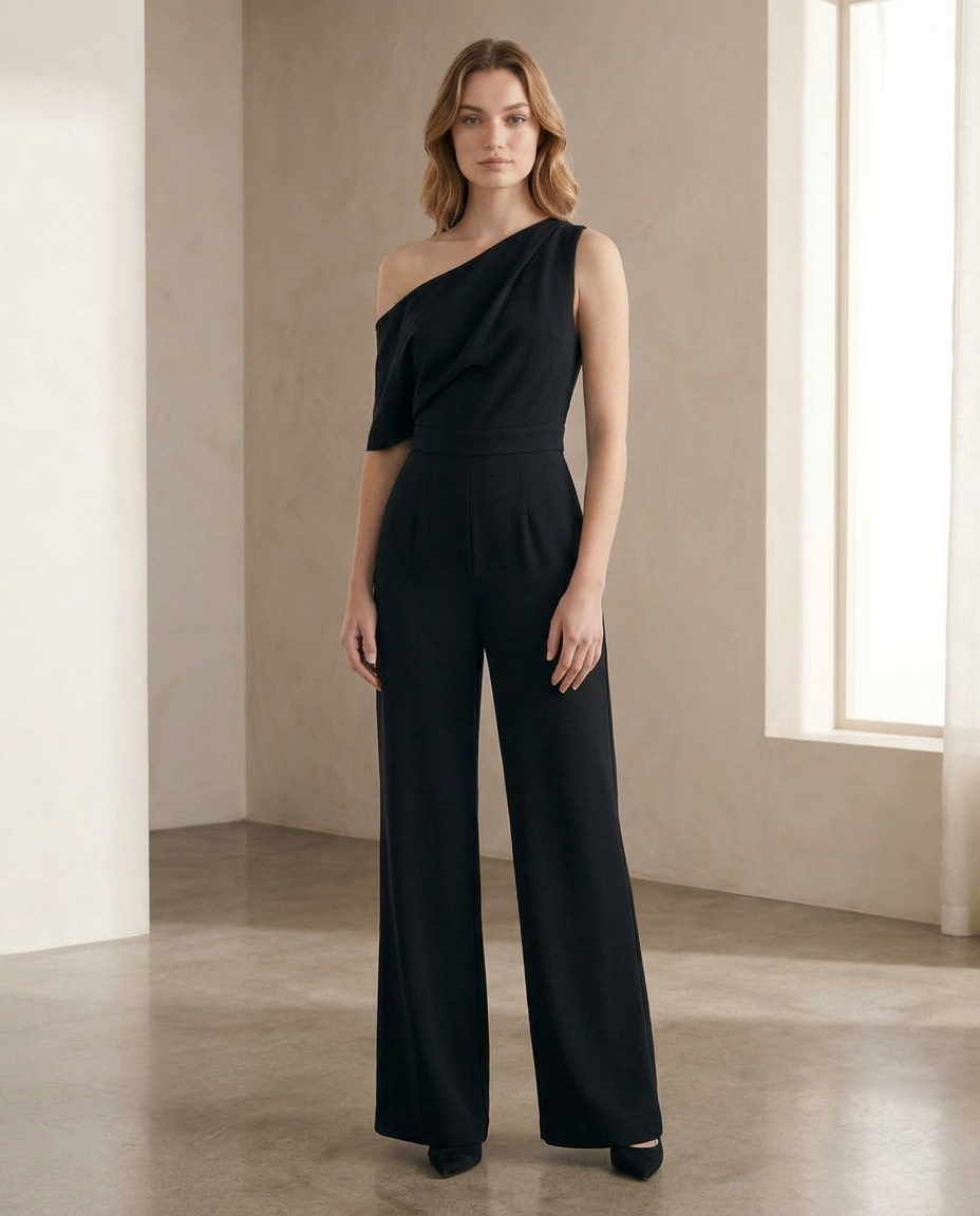 Balvaire One-Shoulder Wide-Leg Crêpe Jumpsuit - Black lifestyle